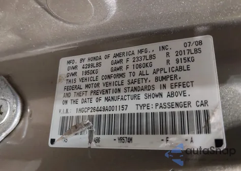 2009 Honda Accord 2.4 Lx-P z USA, uszkodzony, nr VIN 1HGCP26449A001157